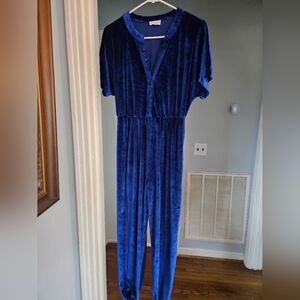 NWOT Pink Lily Deep Blue Velvet Short Sleeve Jumpsuit
